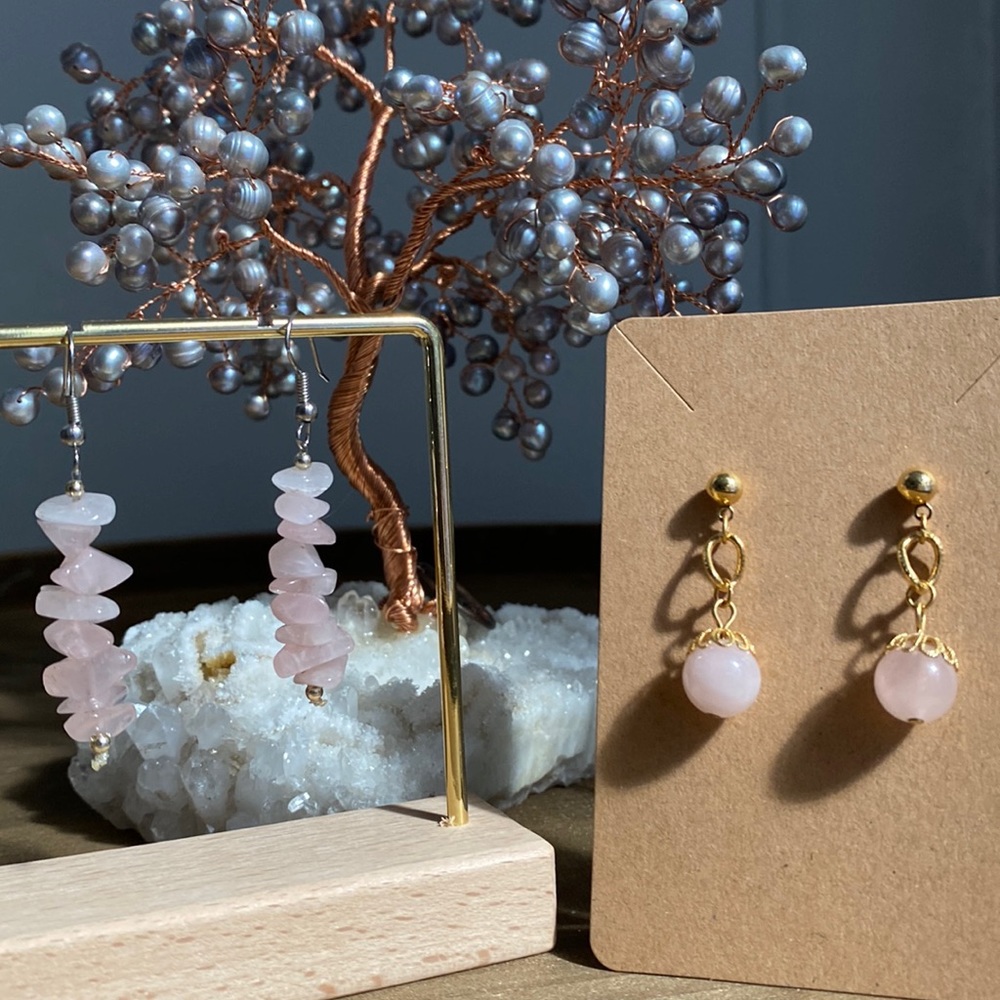 Gemstone Rose Quartz Chipped Stone and Gold Tone Dangle Drop Earrings 2 Pairs